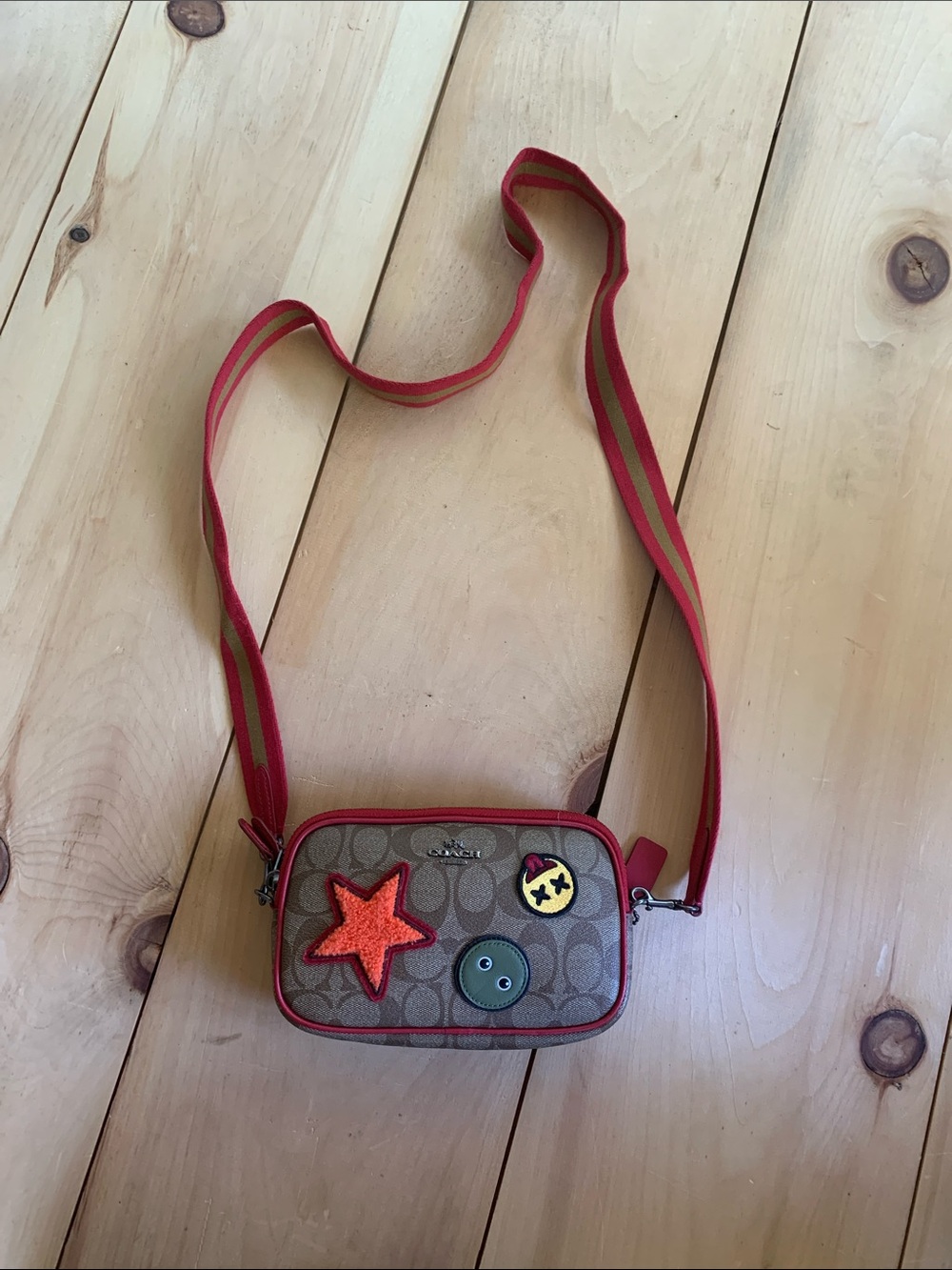 Coach Signature Crossbody with Red Trim and Multicolor Patches